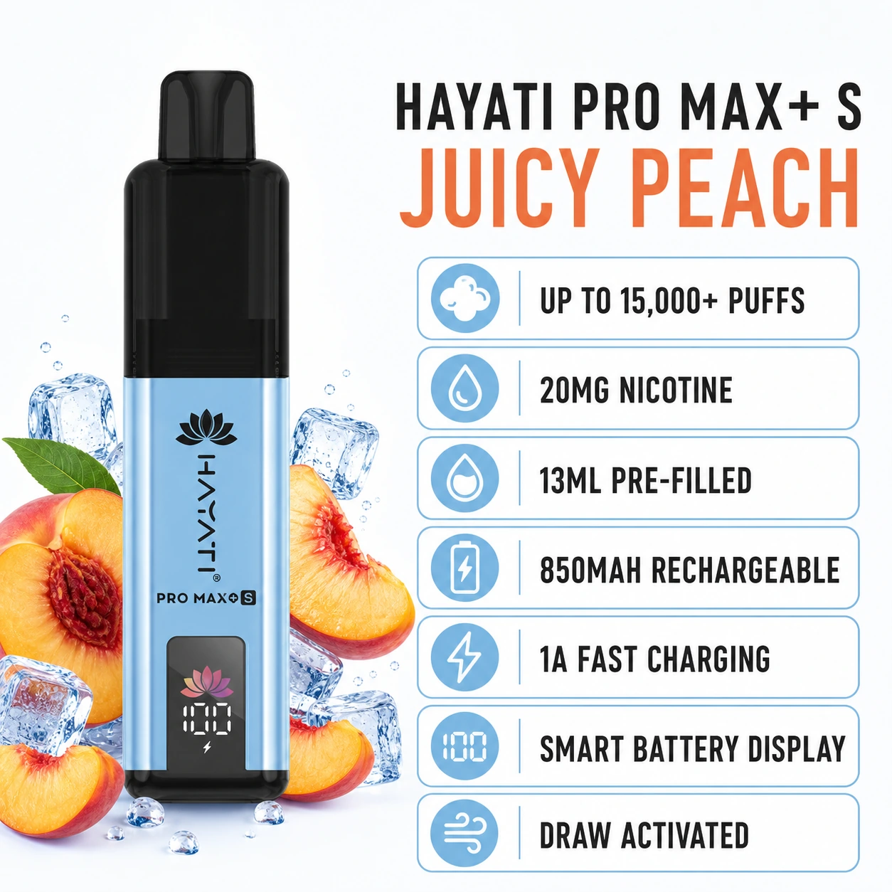 Hayati Pro Max Plus S Juicy Peach 15000 puffs specifications