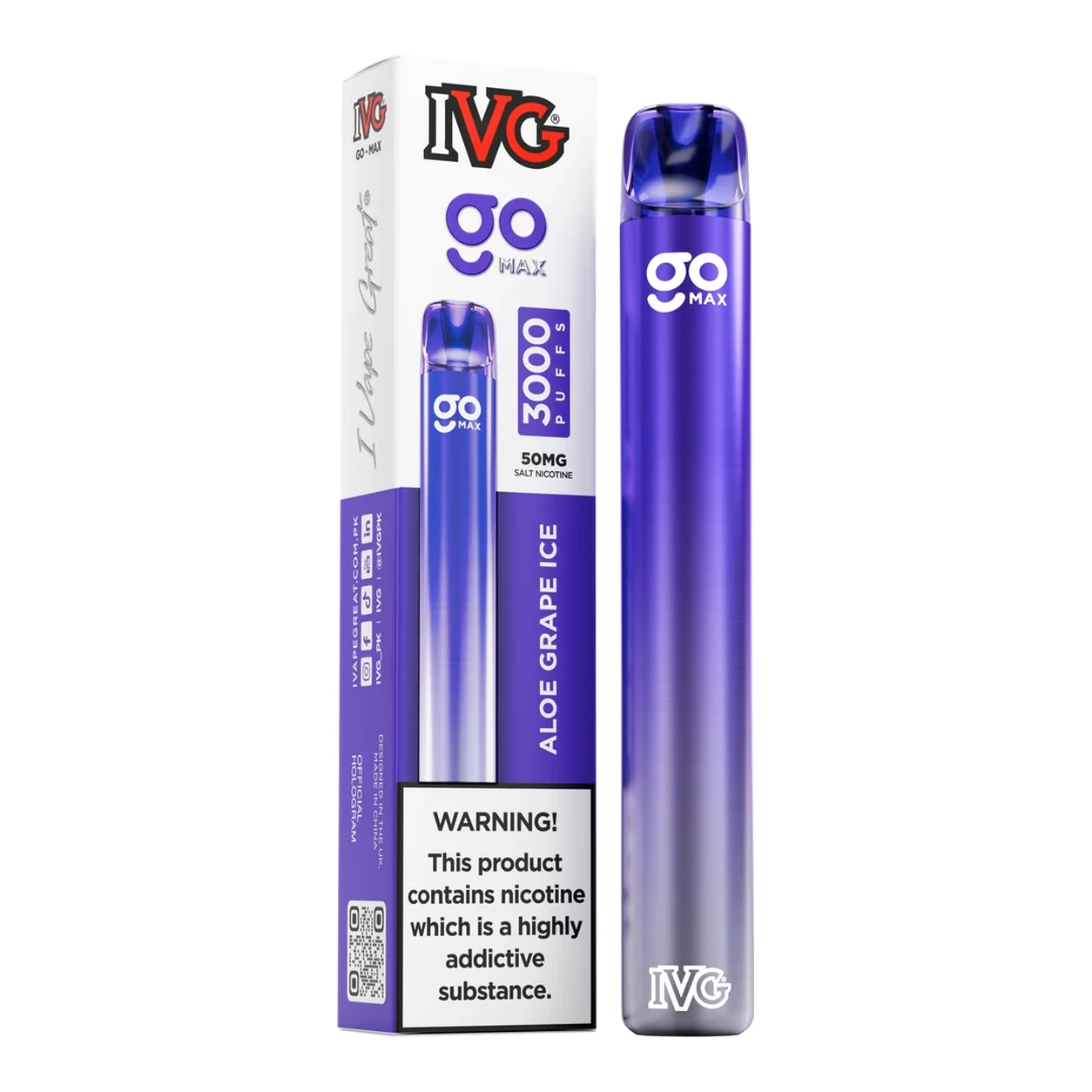 IVG GO MAX Aloe Grape Ice box and device filling the white background