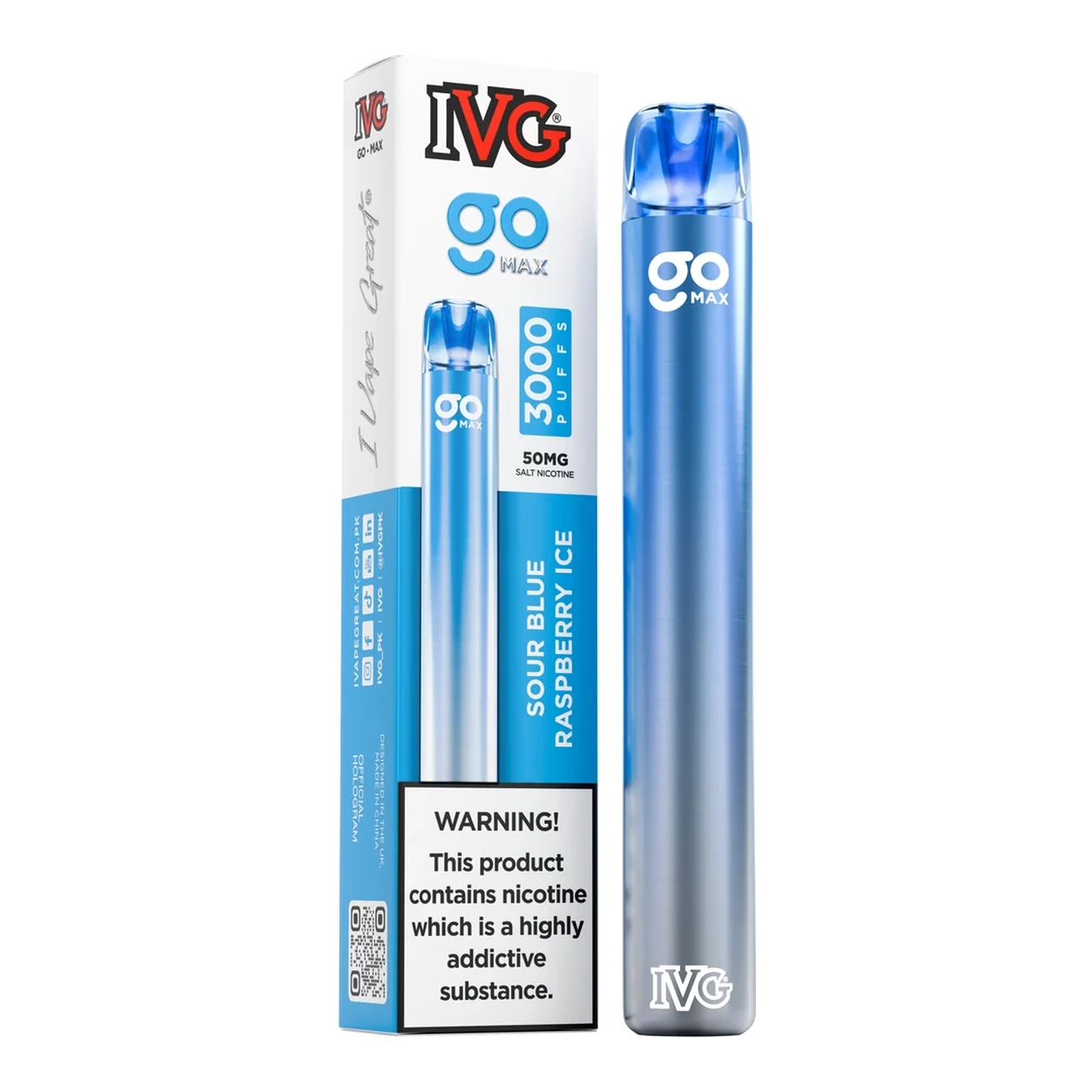IVG GO MAX Sour Blue Raspberry Ice box and device filling the white background