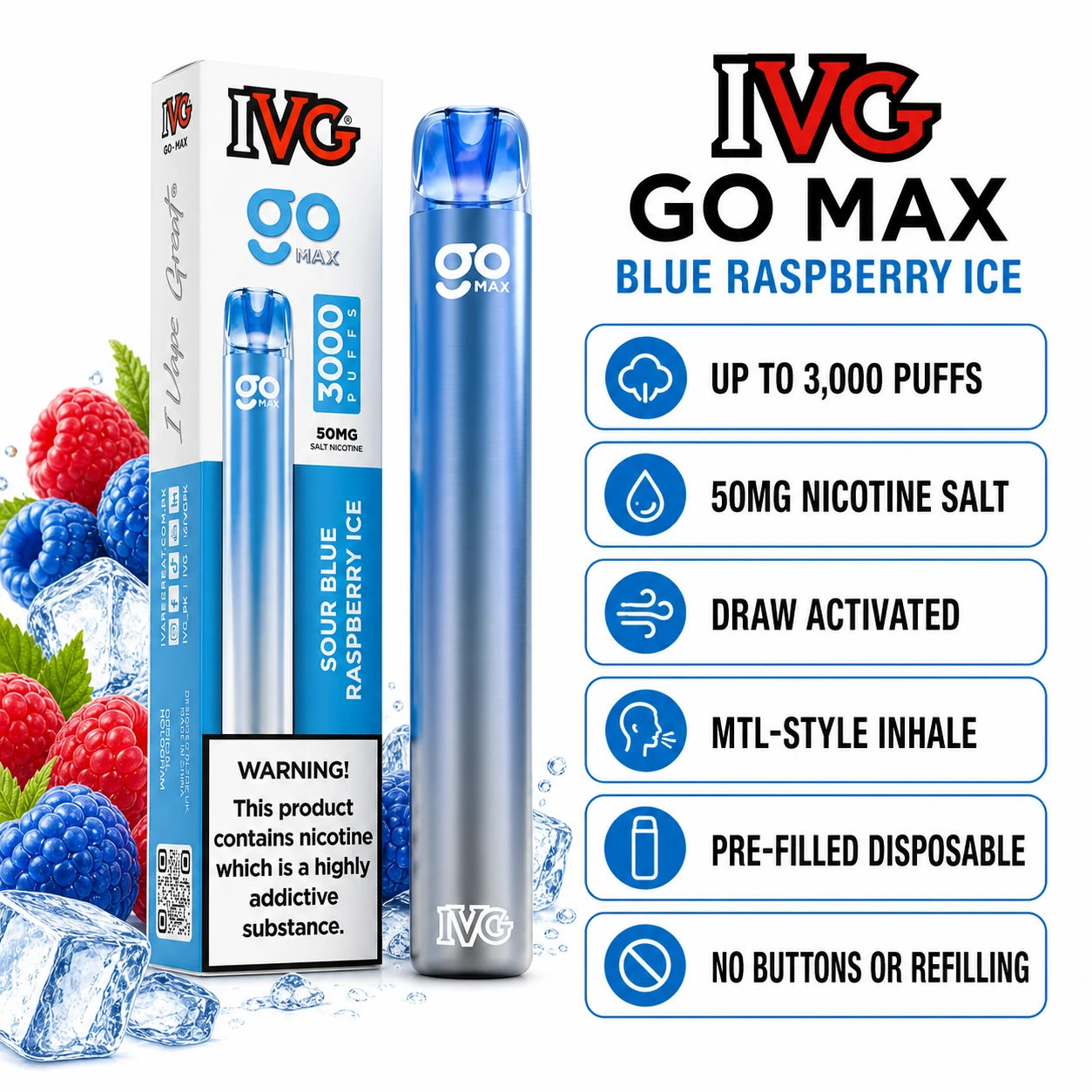 IVG GO MAX Blue Raspberry Ice 3000 puffs specifications