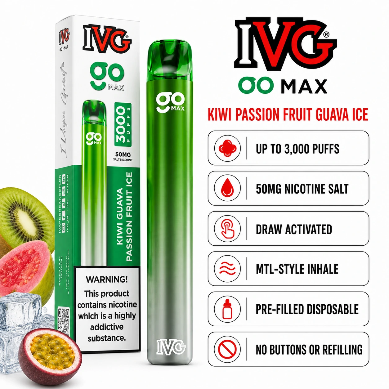 IVG GO MAX Kiwi Passion Fruit Guava Ice 3000 puffs specifications