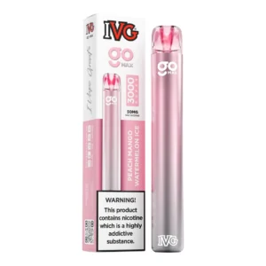 IVG GO MAX Peach Mango Watermelon Ice box and device filling the white background