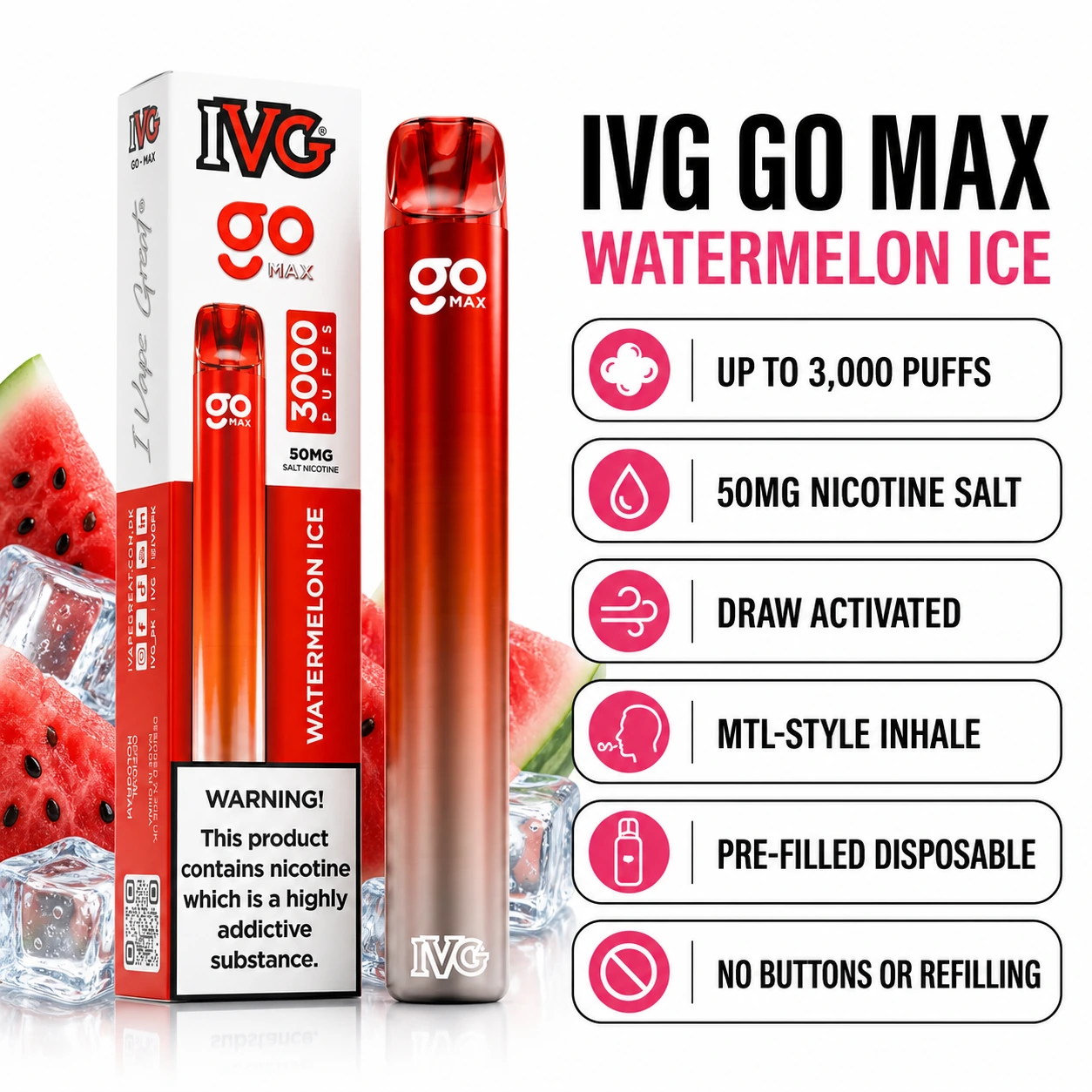 IVG GO MAX Watermelon Ice 3000 puffs specifications