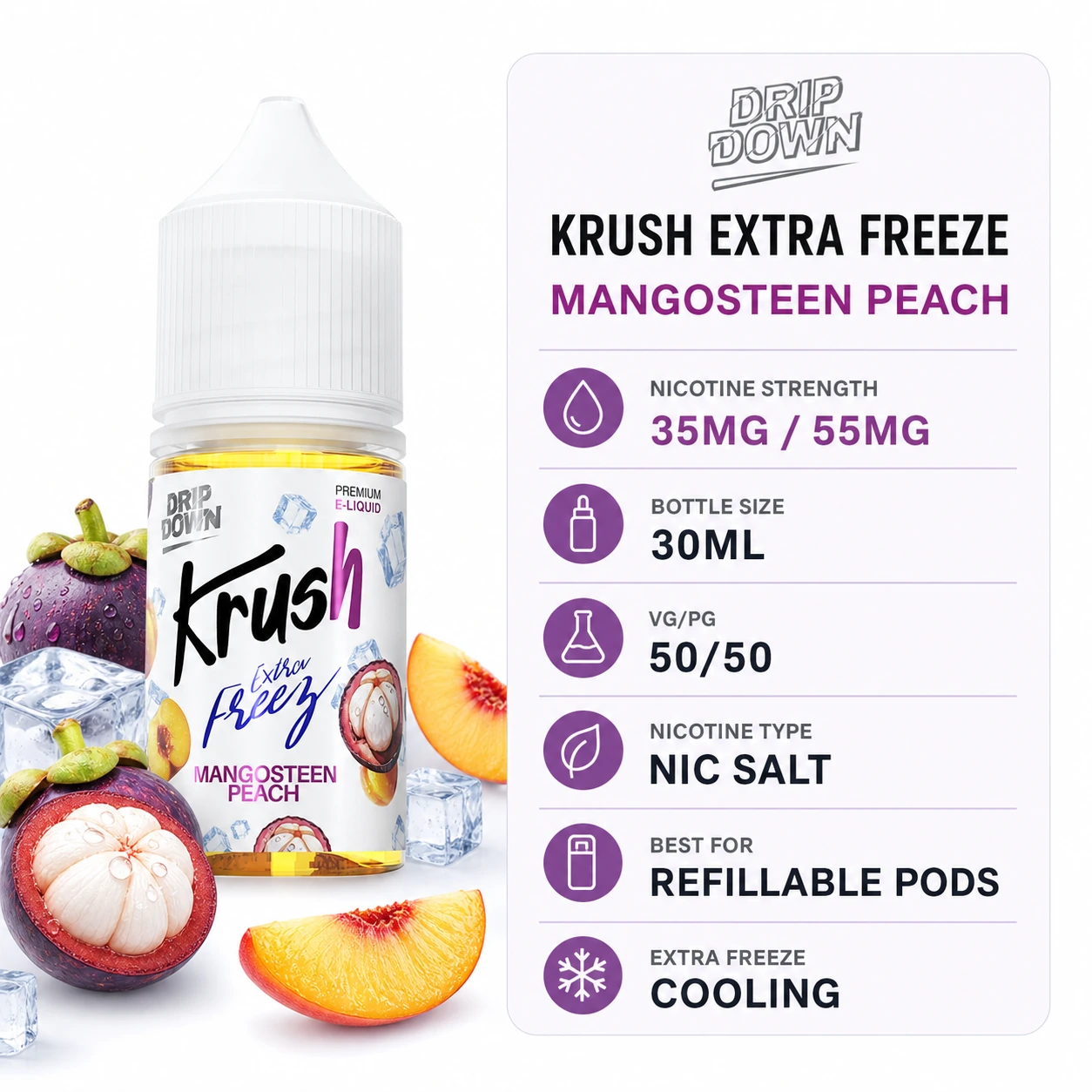 KRUSH Extra Freeze Mangosteen Peach 30ml nic salt specifications