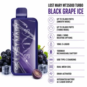 Lost Mary MT35000 Turbo Black Grape Ice disposable vape specifications