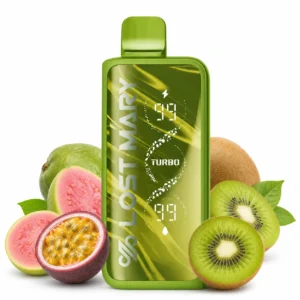 Lost Mary MT35000 Turbo Kiwi Passion Fruit Guava disposable vape on white background