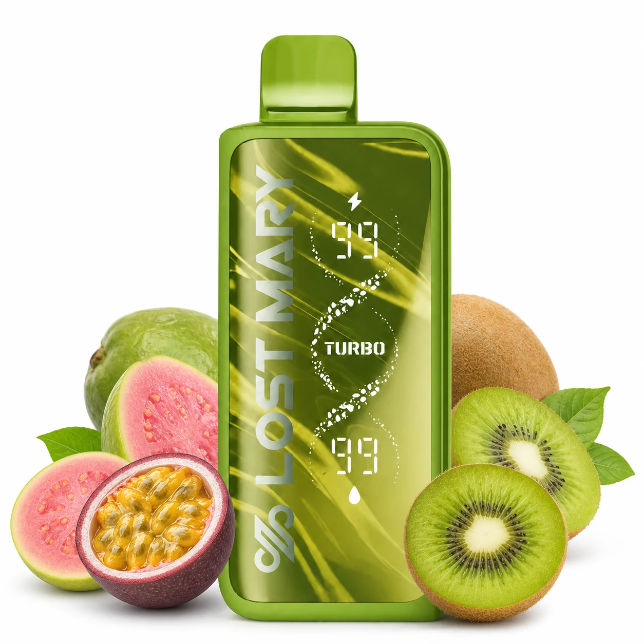 Lost Mary MT35000 Turbo Kiwi Passion Fruit Guava disposable vape on white background