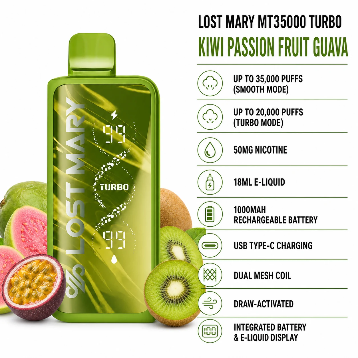 Lost Mary MT35000 Turbo Kiwi Passion Fruit Guava disposable vape specifications