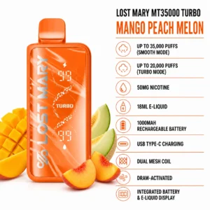 Lost Mary MT35000 Turbo Mango Peach Melon disposable vape specifications