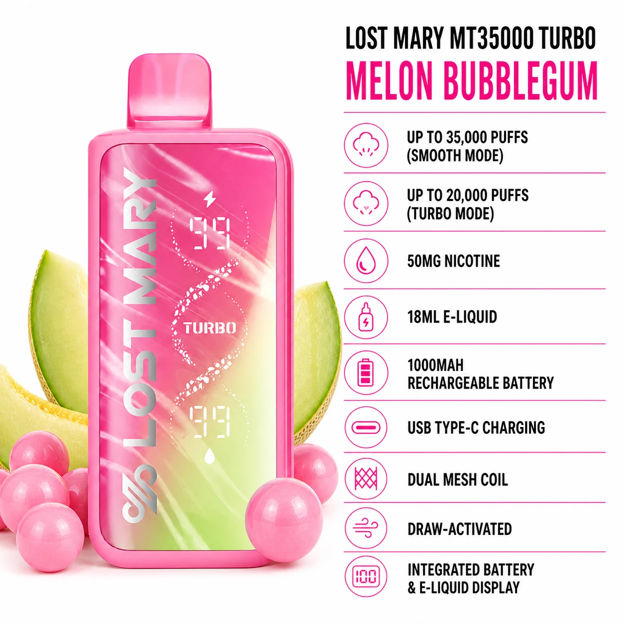 Lost Mary MT35000 Turbo Melon Bubblegum disposable vape specifications