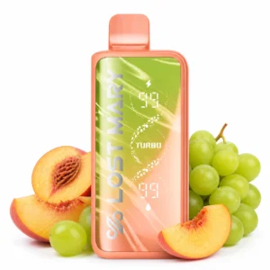 Lost Mary MT35000 Turbo Peach Green Grape disposable vape on white background