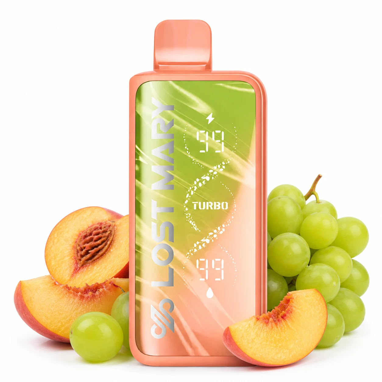 Lost Mary MT35000 Turbo Peach Green Grape disposable vape on white background