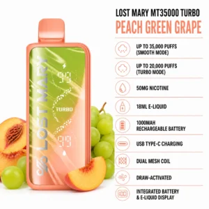Lost Mary MT35000 Turbo Peach Green Grape disposable vape specifications