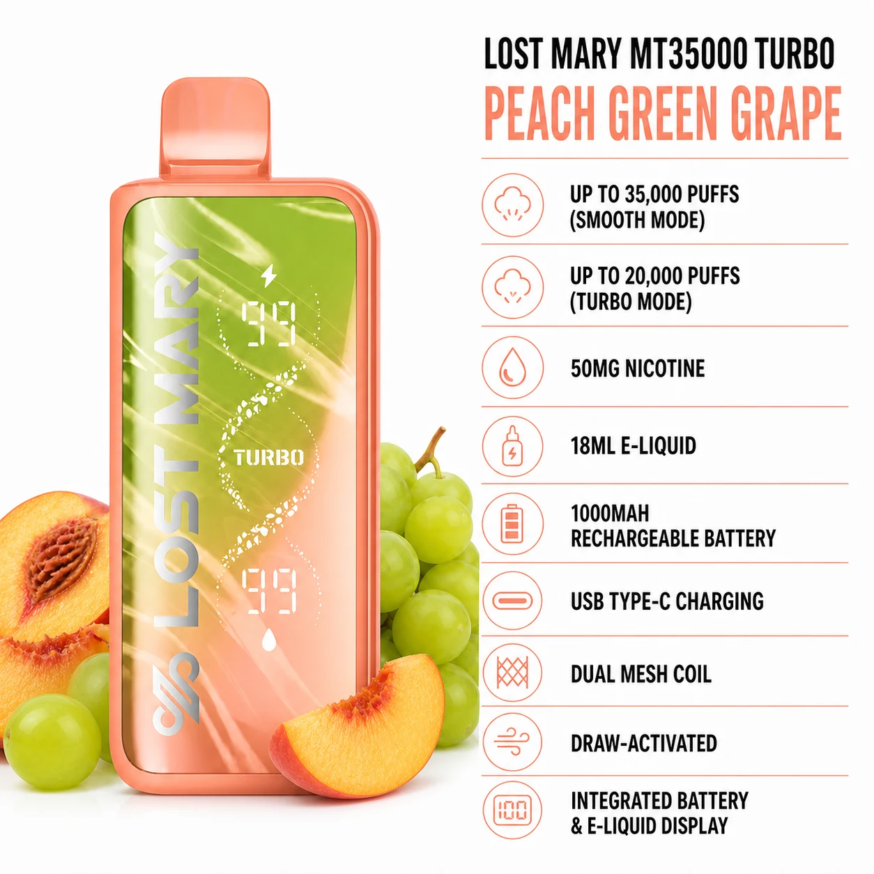 Lost Mary MT35000 Turbo Peach Green Grape disposable vape specifications