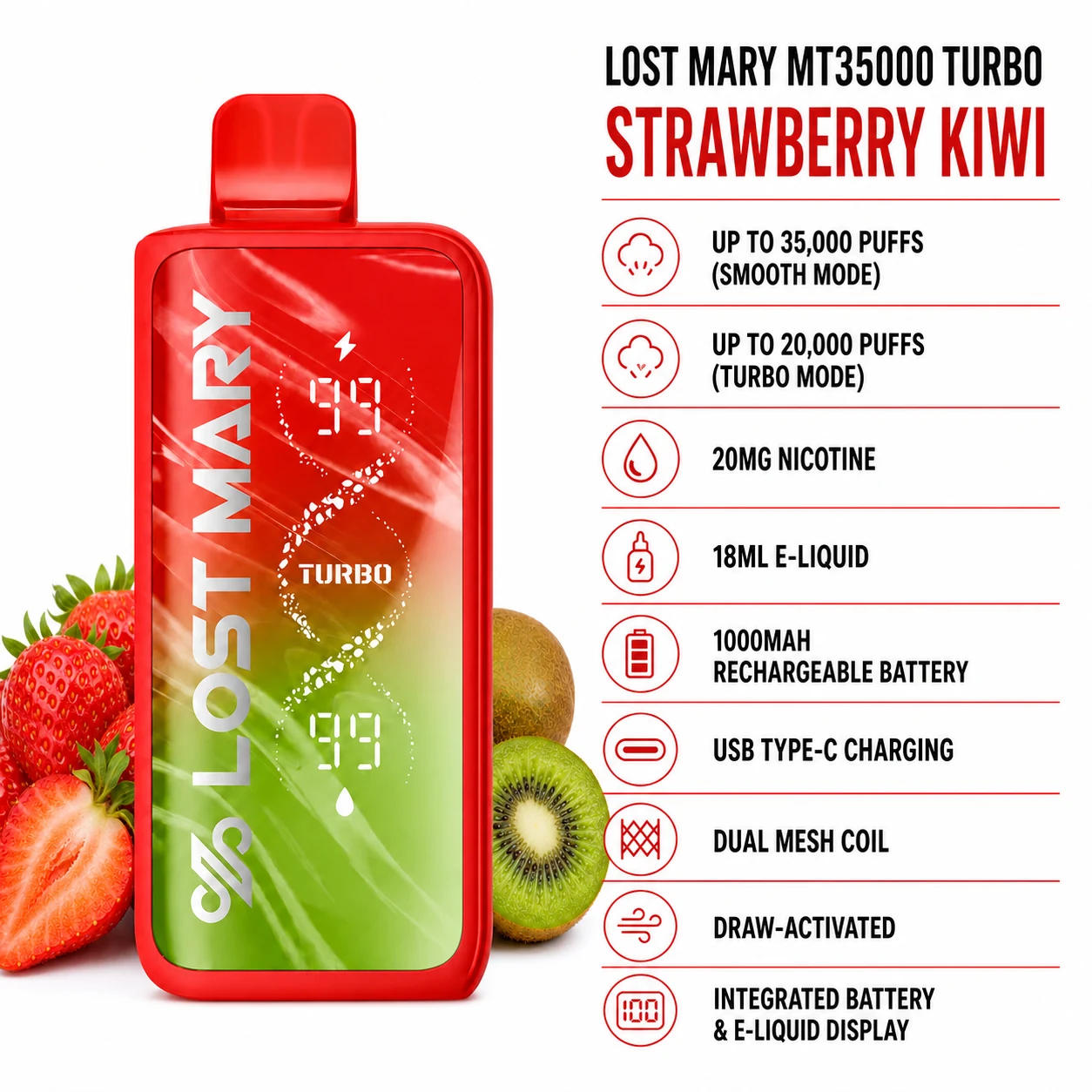 Lost Mary MT35000 Turbo Strawberry Kiwi disposable vape specifications