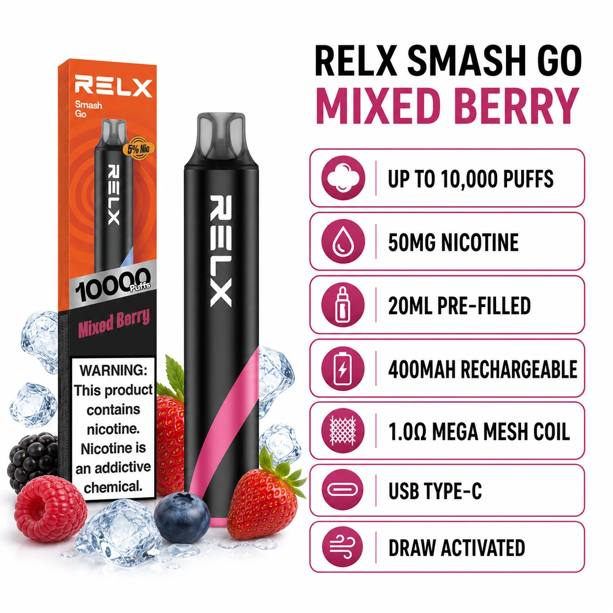 RELX Smash Go Mixed Berry 10000 puffs specifications