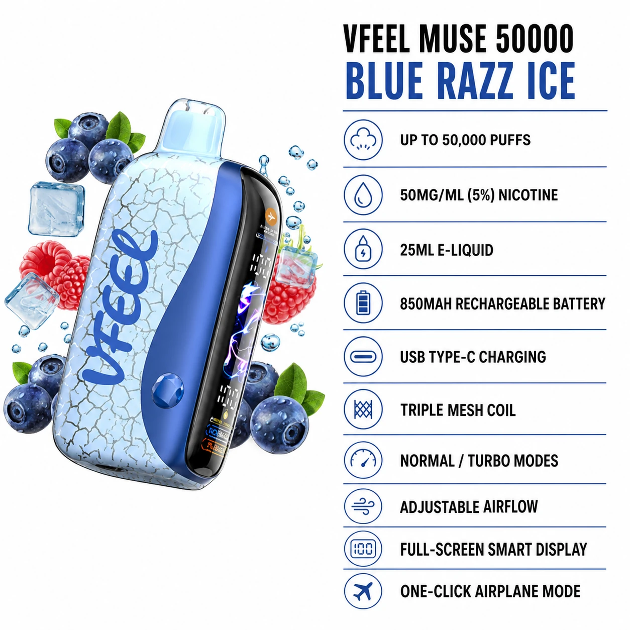 VFEEL MUSE 50000 Blue Razz Ice disposable vape specifications
