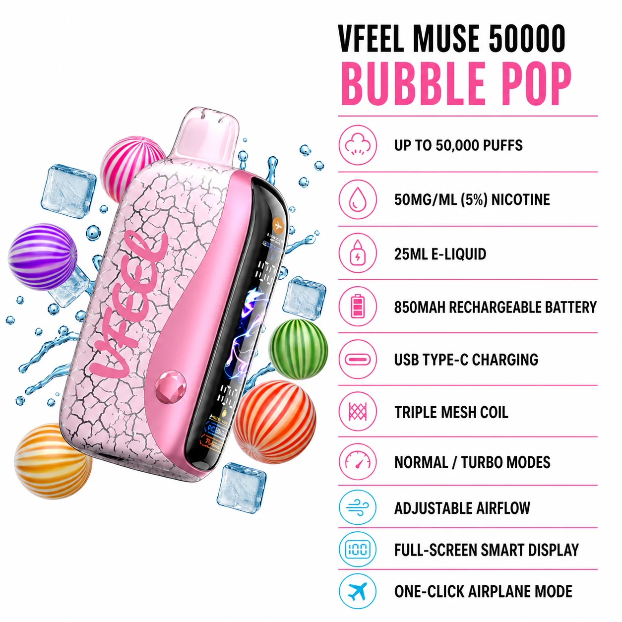 VFEEL MUSE 50000 Bubble Pop disposable vape specifications