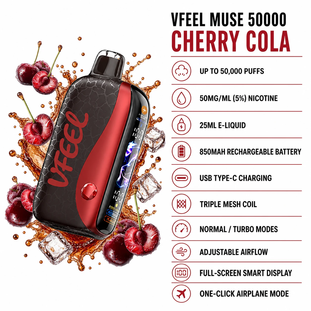 VFEEL MUSE 50000 Cherry Cola disposable vape specifications