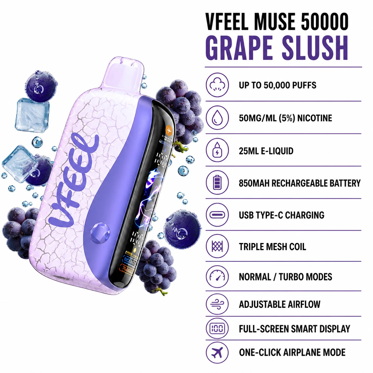 VFEEL MUSE 50000 Grape Slush disposable vape specifications