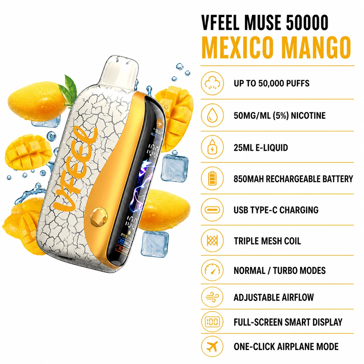 VFEEL MUSE 50000 Mexico Mango disposable vape specifications