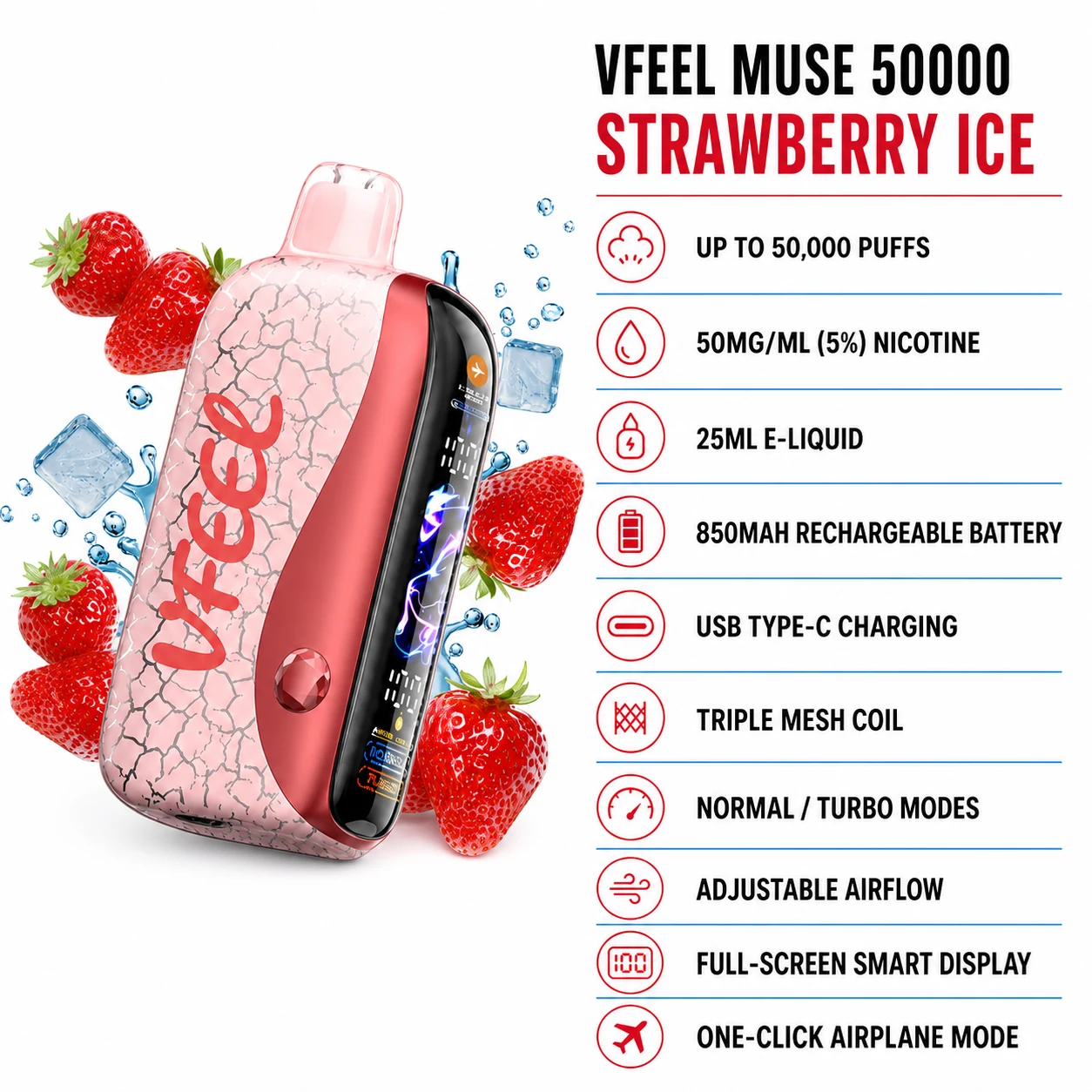 VFEEL MUSE 50000 Strawberry Ice disposable vape specifications