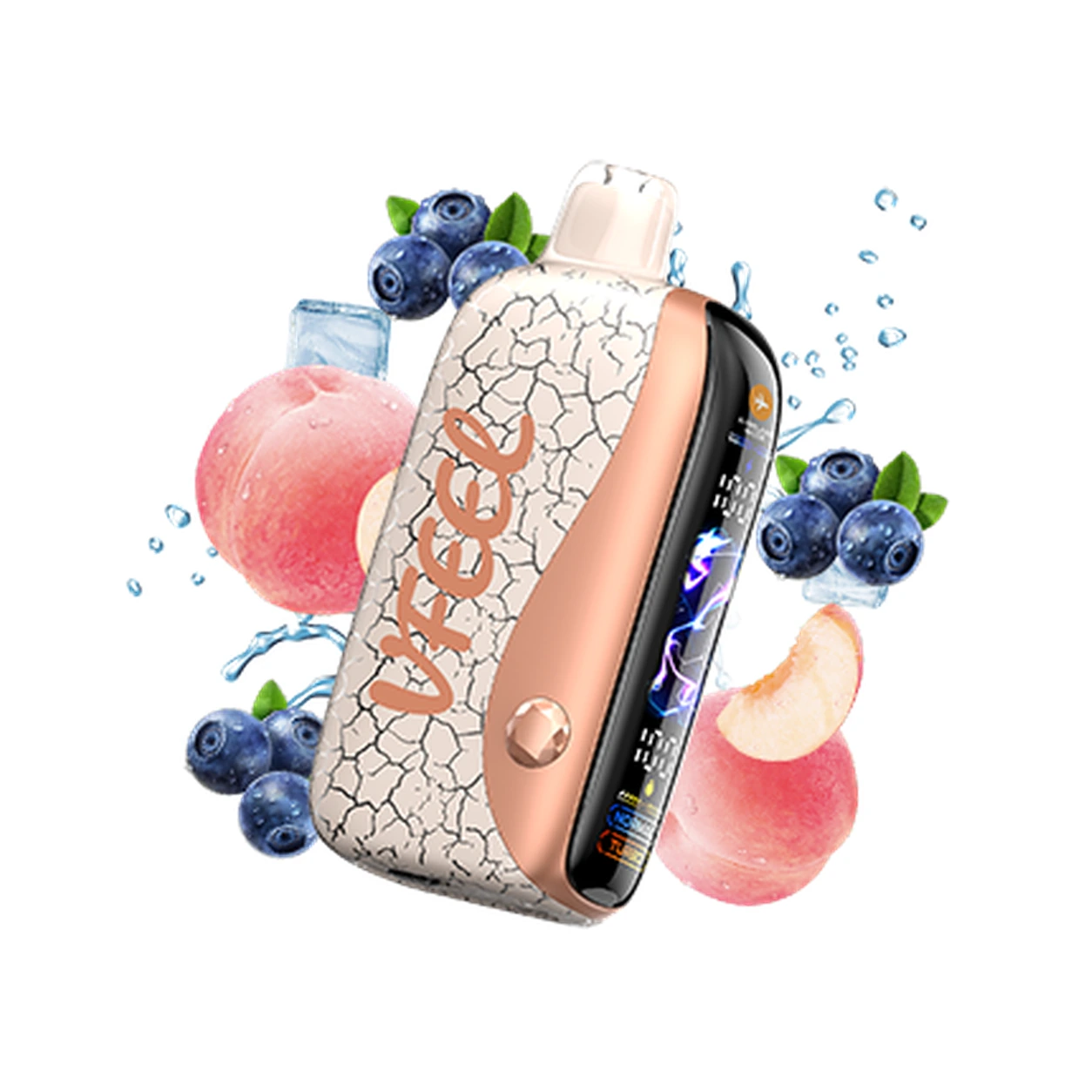 VFEEL MUSE 50000 White Peach Blueberry disposable vape on white background