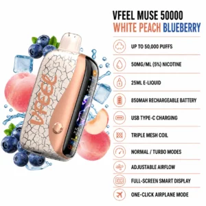 VFEEL MUSE 50000 White Peach Blueberry disposable vape specifications