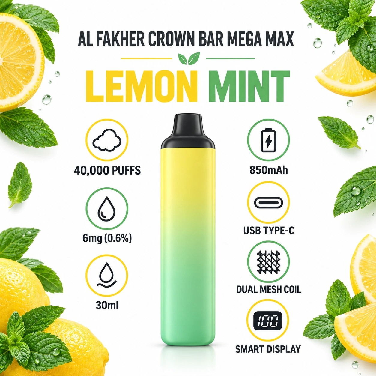 Al Fakher Lemon Mint 40000 puffs 6mg specifications