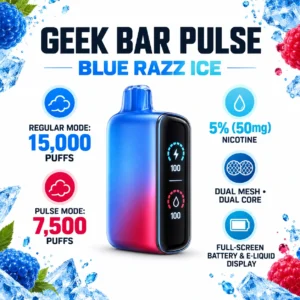 Geek Bar Pulse Blue Razz Ice 15000 puffs specifications
