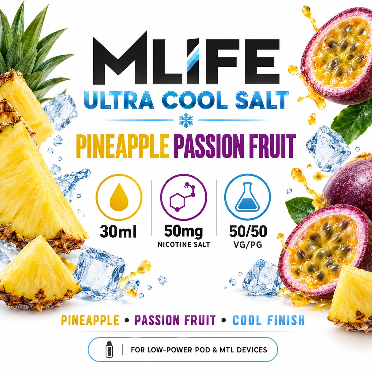 MLife Ultra Cool Salt - Pineapple Passion Fruit 30ml (50 mg) product specifications