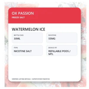 OX Passion Freeze Salt Watermelon Ice verified specifications: 30ml, 55mg