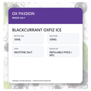 OX Passion Freeze Salt Blackcurrant Oxfiz Ice verified specifications: 30ml, 35mg