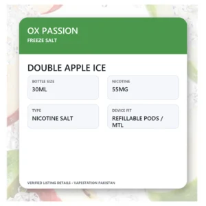 OX Passion Freeze Salt Double Apple Ice verified specifications: 30ml, 55mg