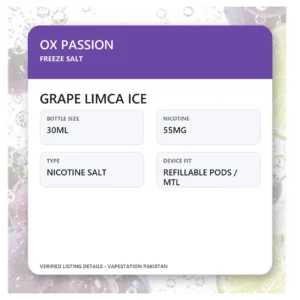 OX Passion Freeze Salt Grape Limca Ice verified specifications: 30ml, 55mg