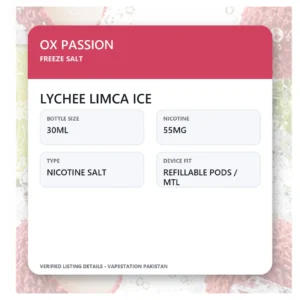 OX Passion Freeze Salt Lychee Limca Ice verified specifications: 30ml, 55mg
