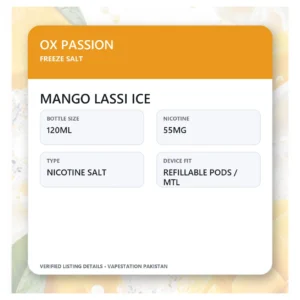OX Passion Freeze Salt Mango Lassi Ice verified specifications: 120ml, 55mg