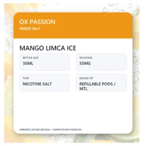 OX Passion Freeze Salt Mango Limca Ice verified specifications: 30ml, 55mg