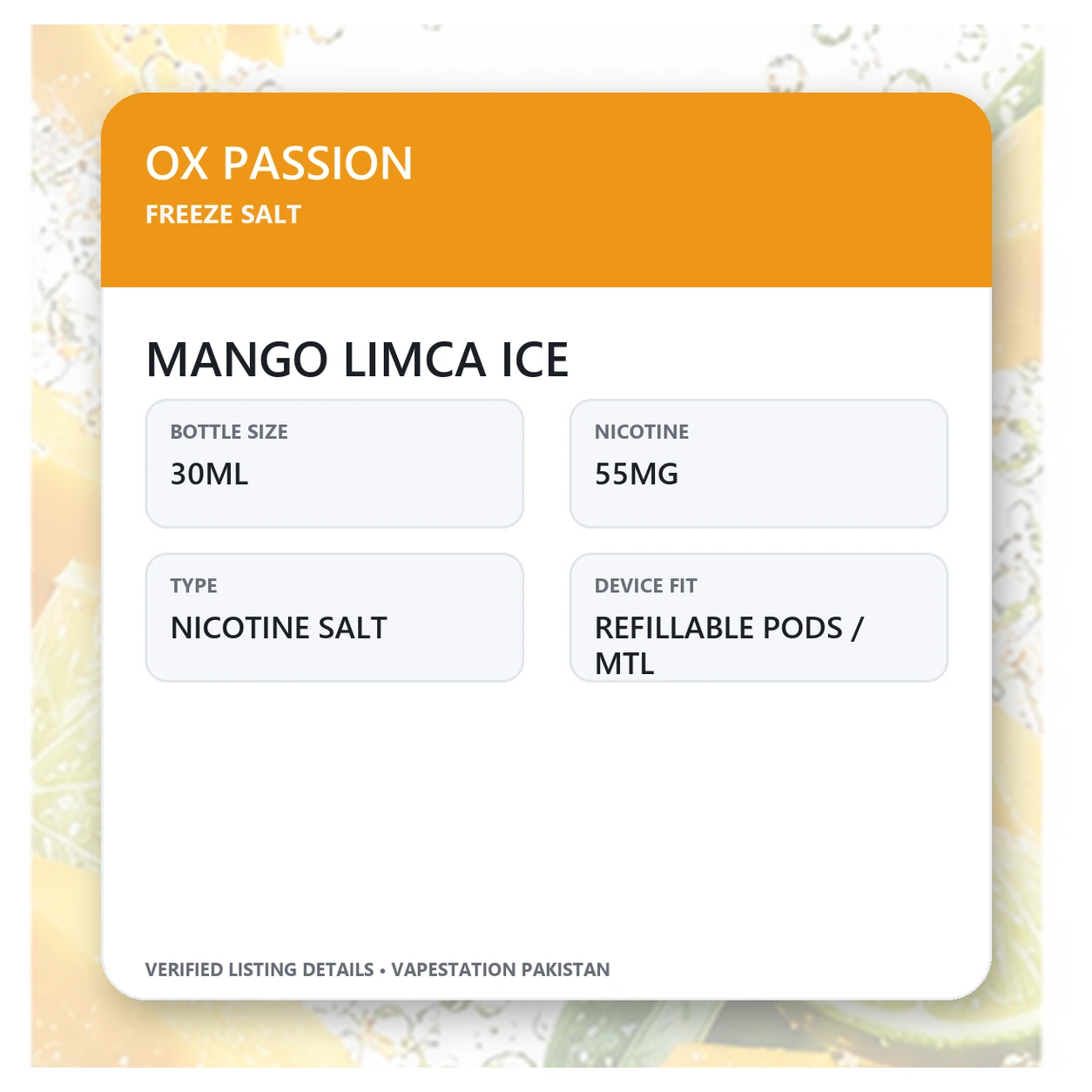 OX Passion Freeze Salt Mango Limca Ice verified specifications: 30ml, 55mg