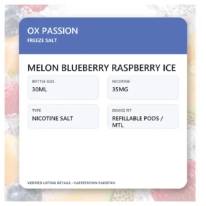 OX Passion Freeze Salt Melon Blueberry Raspberry Ice verified specifications: 30ml, 35mg