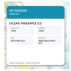 OX Passion Freeze Salt Ocean Pineapple Ice verified specifications: 30ml, 35mg