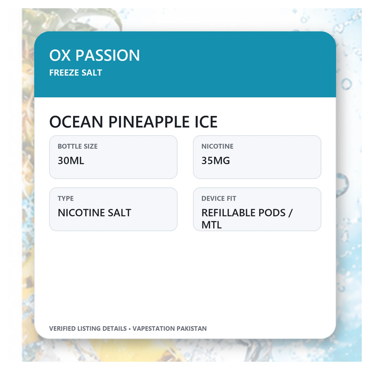OX Passion Freeze Salt Ocean Pineapple Ice verified specifications: 30ml, 35mg