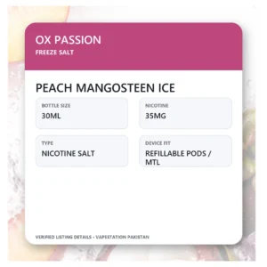 OX Passion Freeze Salt Peach Mangosteen Ice verified specifications: 30ml, 35mg