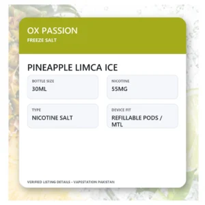 OX Passion Freeze Salt Pineapple Limca Ice verified specifications: 30ml, 55mg