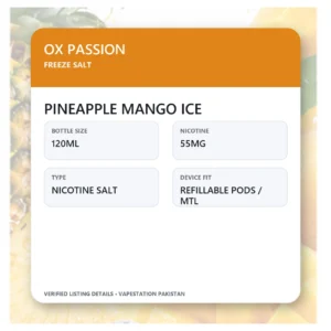 OX Passion Pineapple Mango Ice 120ml 55mg specifications