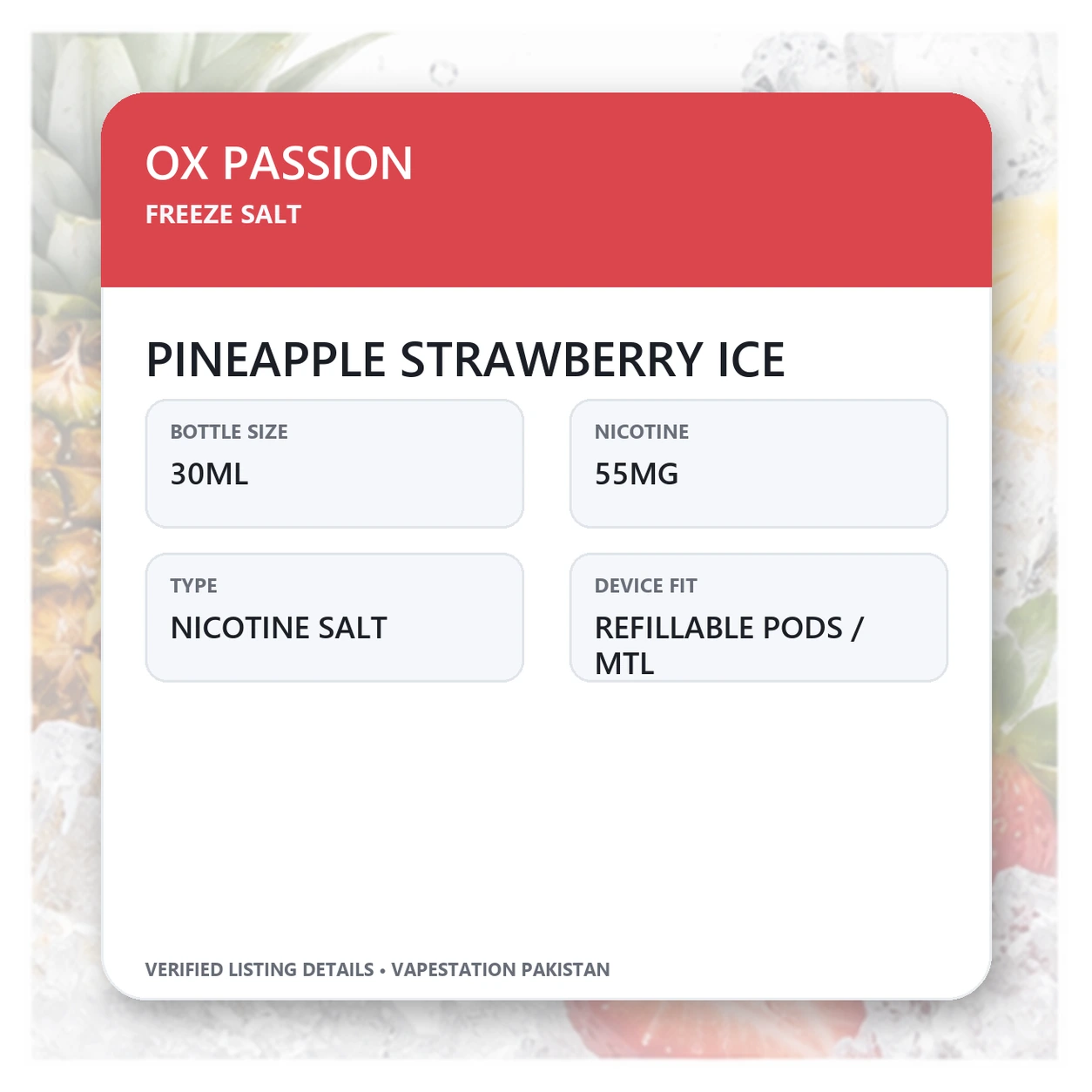 OX Passion Freeze Salt Pineapple Strawberry Ice verified specifications: 30ml, 55mg