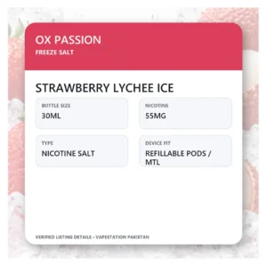 OX Passion Freeze Salt Strawberry Lychee Ice verified specifications: 30ml, 55mg