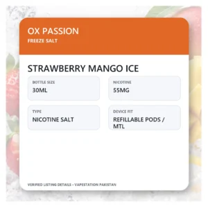 OX Passion Freeze Salt Strawberry Mango Ice verified specifications: 30ml, 55mg