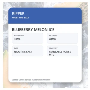 Ripper Frost Fire Salt Blueberry Melon Ice verified specifications: 30ml, 40mg