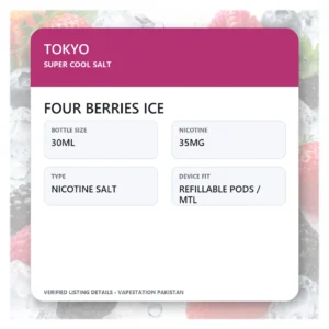 TOKYO Super Cool Salt Four Berries Ice verified specifications: 30ml, 35mg